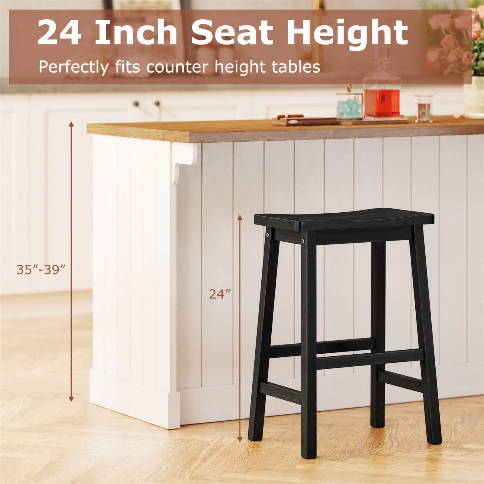 SUGIFT Set of 2 Black 24-in Backless Counter Height Stools with Wood Saddle Seats