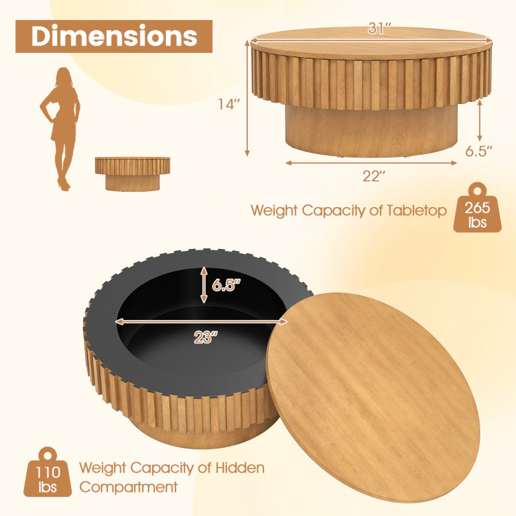 Hivvago Round Coffee Table With Storage Modern Wooden Drum Coffee Table With Hidden Compartment