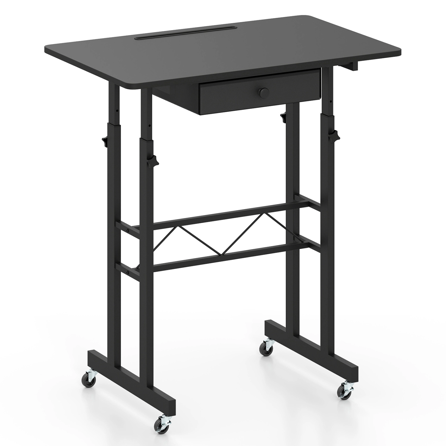 LJG Height Adjustable Laptop Desk with Fabric Drawer Tablet Holder and Lockable Wheels