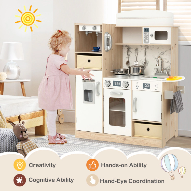 Hivvago Kids Kitchen Playset with Adjustable LED Lights Removable Fabric Bins