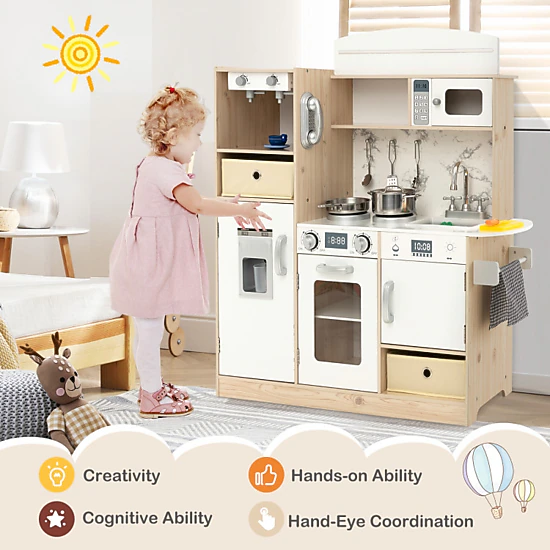 Hivvago Kids Kitchen Playset With Adjustable Led Lights Removable Fabric Bins