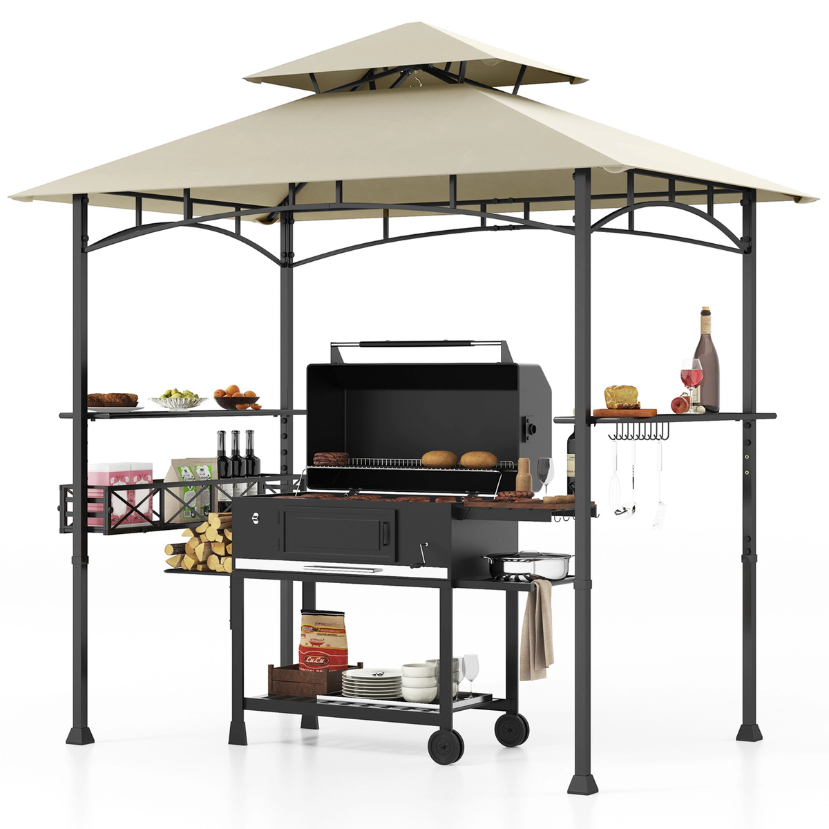 SUGIFT 2 Side Shelves 10 Hooks and Storage Basket 8 x 5 ft Outdoor Grill Gazebo