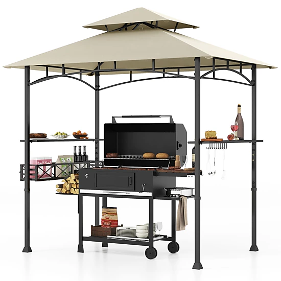 SUGIFT 2 Side Shelves 10 Hooks and Storage Basket 8 x 5 ft Outdoor Grill Gazebo