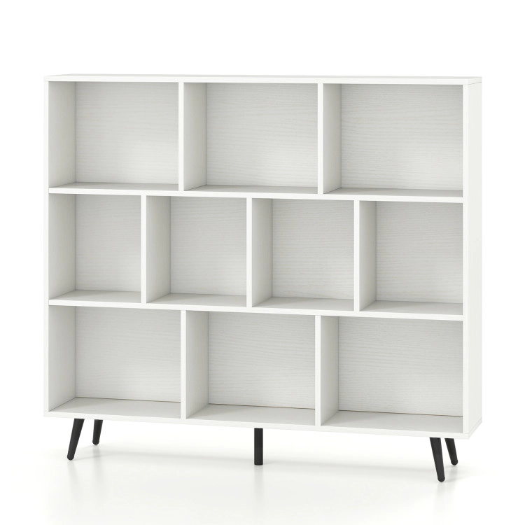 Hivvago Mid-Century Cube Bookcase – Compartments, Off White Storage Shelf with Metal Legs