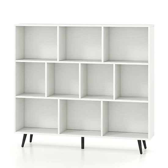 Hivvago Mid-Century Cube Bookcase – Compartments, Off White Storage Shelf with Metal Legs