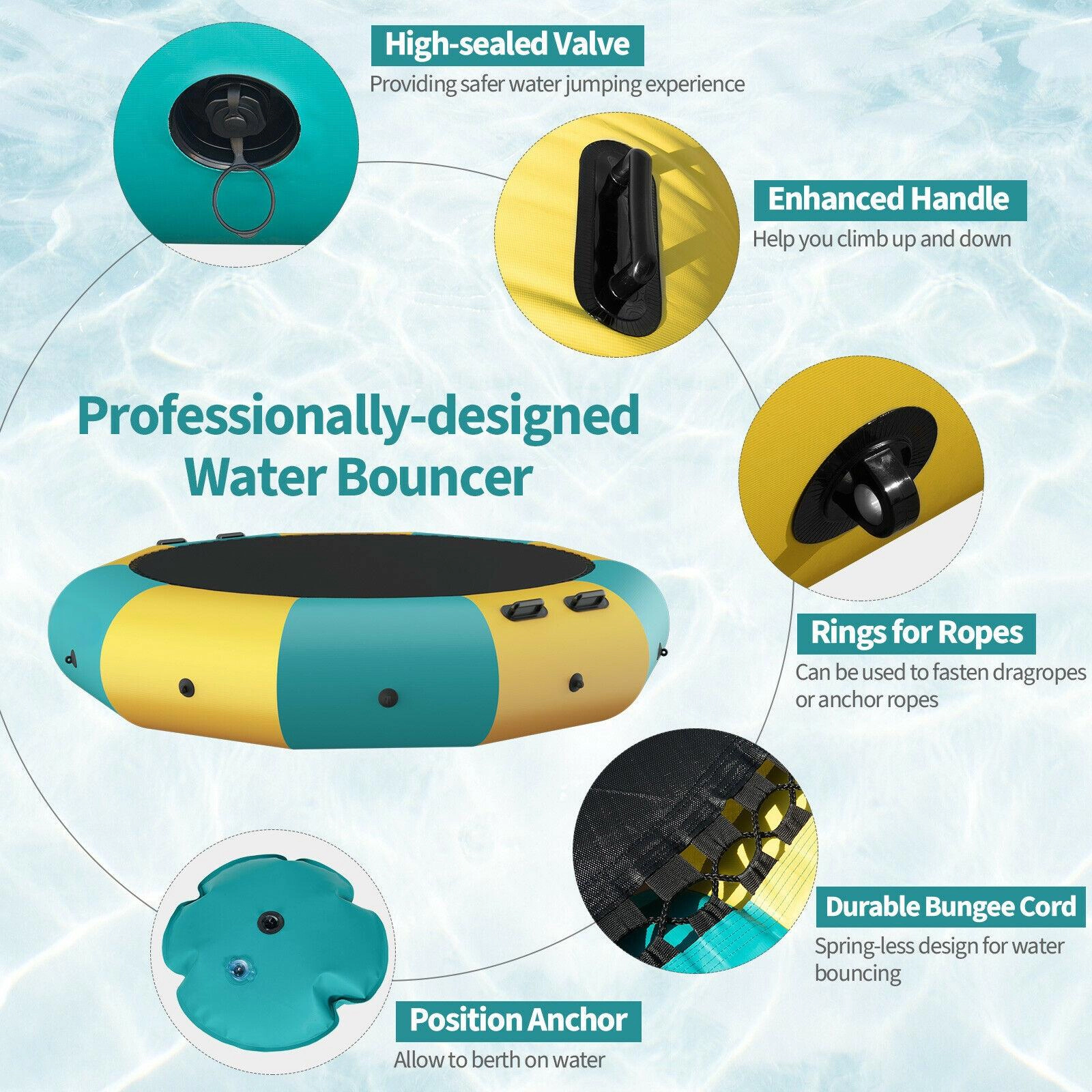 SUGIFT Yellow Padded Splash Deck and Ladder 10 Feet Adult and Kids Inflatable Water Bouncer Trampoline