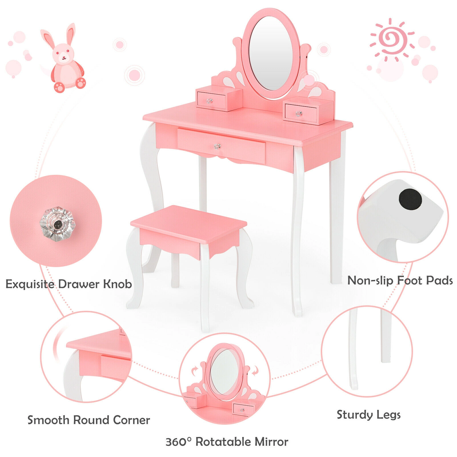 SUGIFT Kids 360-Degree Rotating Detachable Mirror Vanity Table and Stool Set 27.5-in x 13-in x 39-in 44-lb Pink