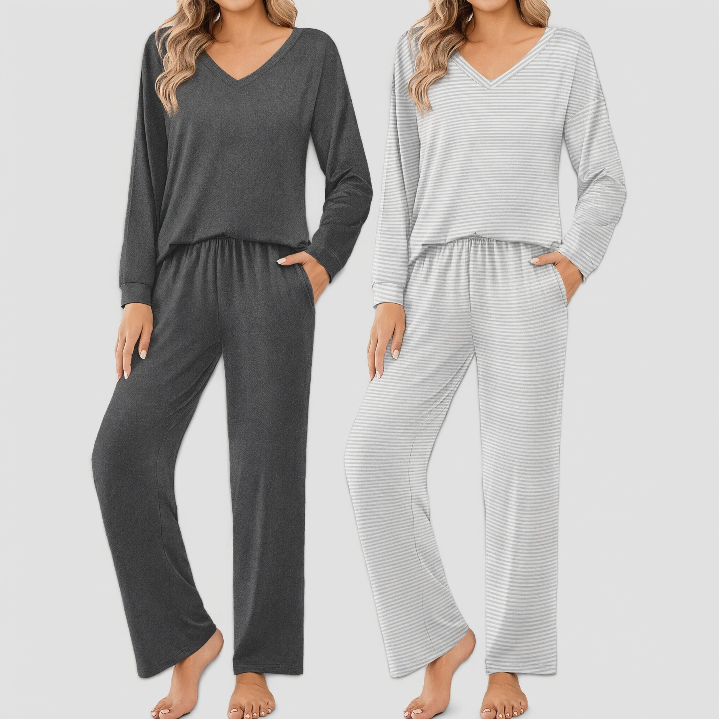 Ekouaer Women's V Neck Long Sleeve Pajama Set 2 Piece Print Sleepwear