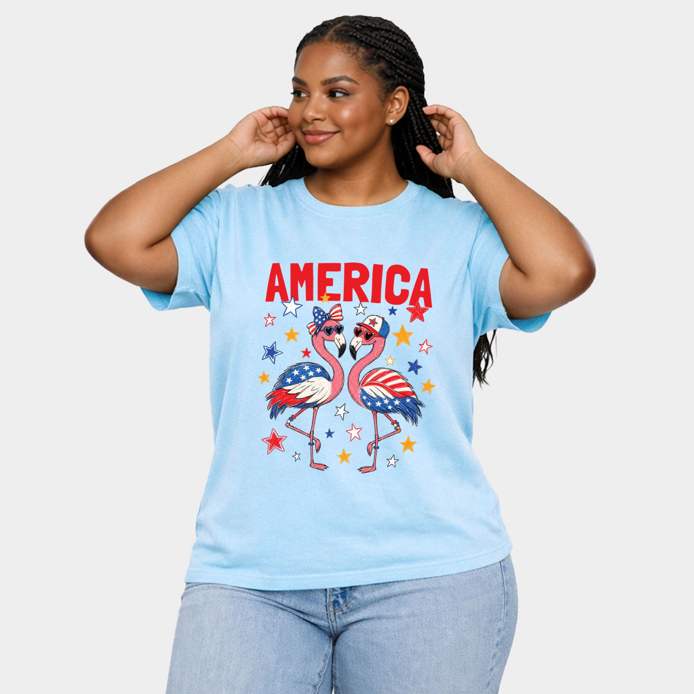 Simply Sage Market - America Flamingos Star Women's Plus Sized Garment Dyed Graphic T-Shirt