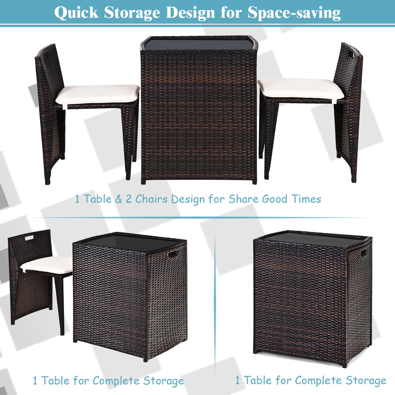 SUGIFT 3-Piece Brown Wicker Patio Bistro Set with Cushioned Chairs and Tea Table