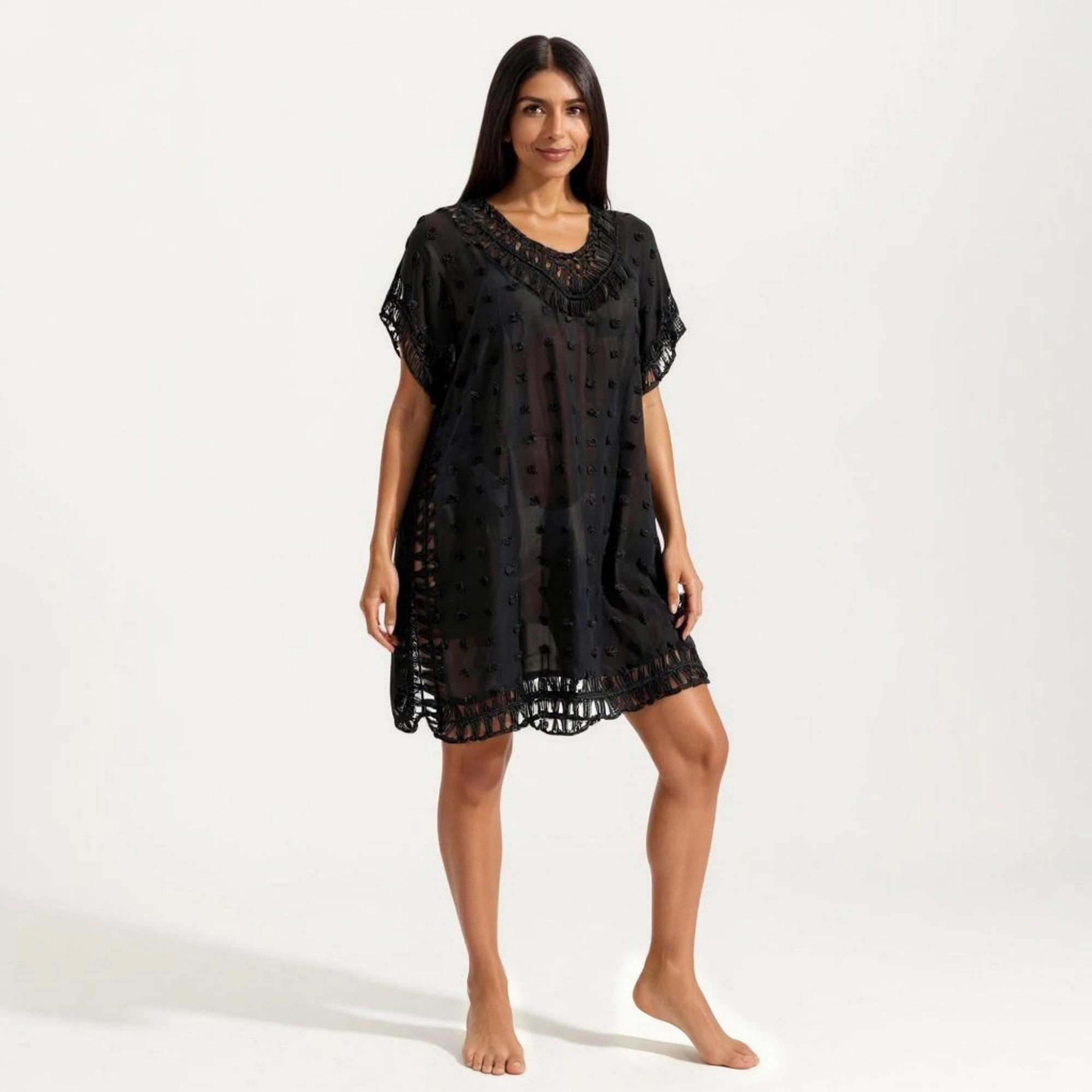 Anna-Kaci Women's Sheer Crochet Trim Tassel Detail Relaxed Fit Short Sleeve Cover Up Dress