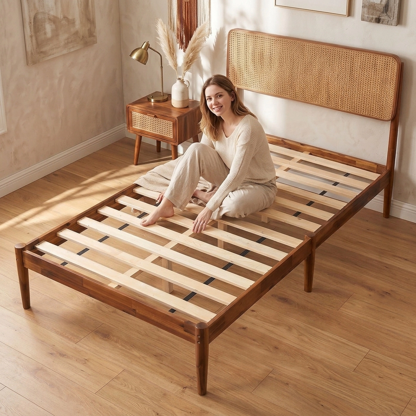 SUGIFT Twin Boho Rattan Bed Frame, Acacia Wood Platform, Brown