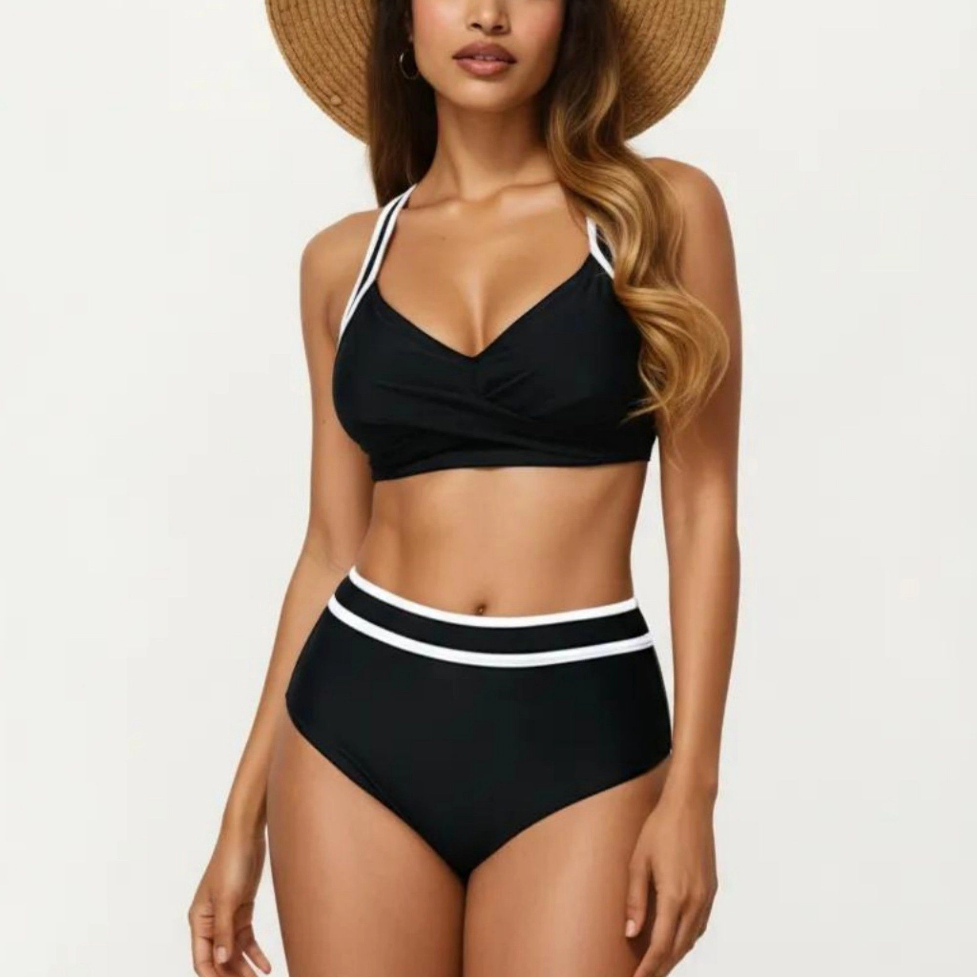Anna-Kaci Women’s Sporty V-Neck Bikini Set with High-Waist Tummy Control Bottoms