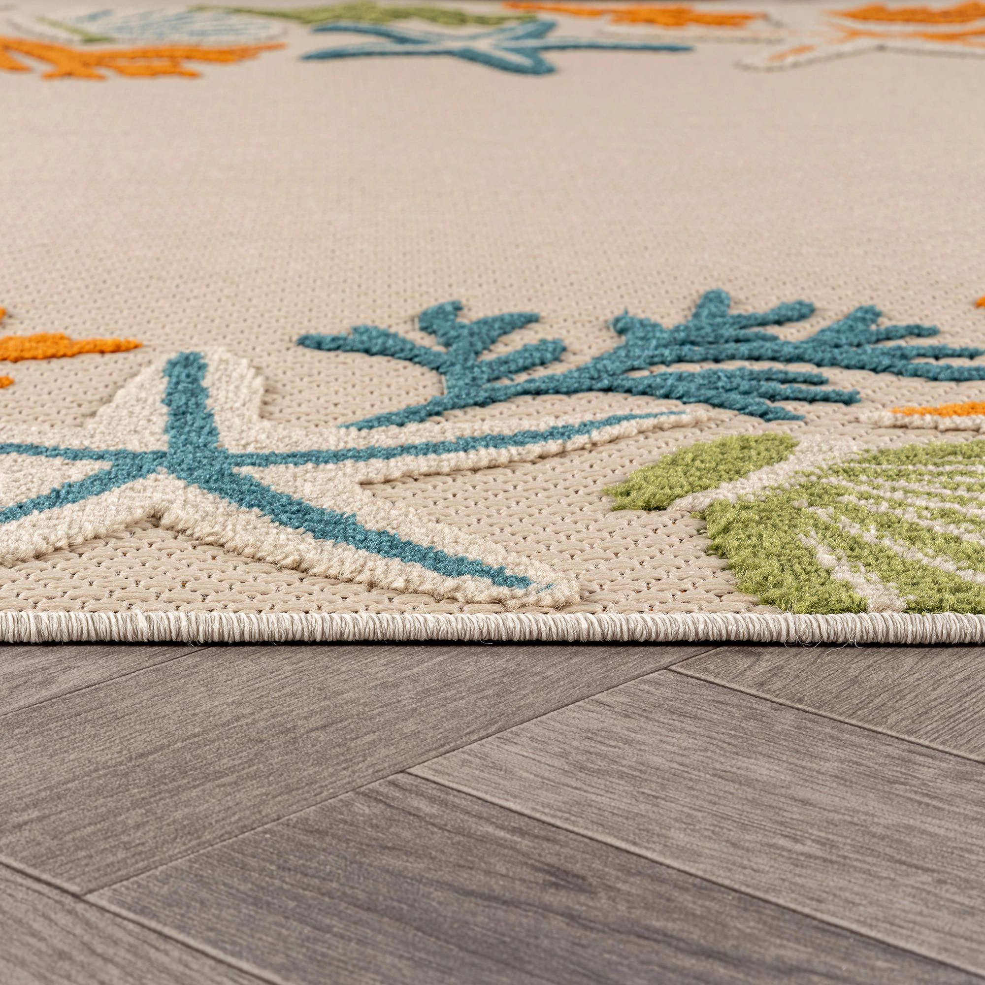 World Rug Gallery Indoor/Outdoor High-Low Textured Area Rug, Coastal Border Ivory/Multi, Easy-Clean Patio
