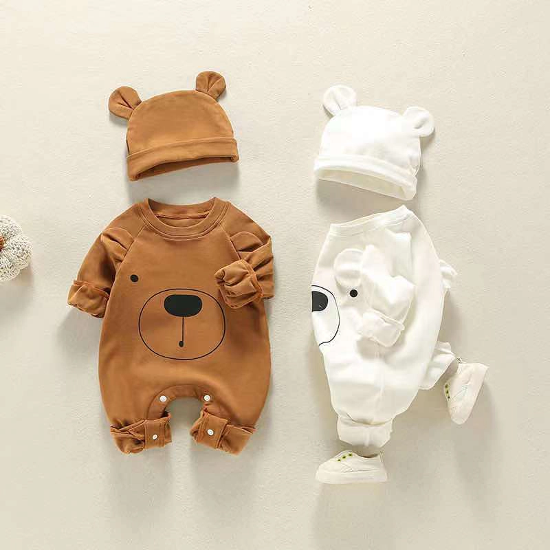 MyKids-USA Baby Girl Bear Print Pattern Solid Color Long-Sleeved Rompers With Hat In Spring & Autumn