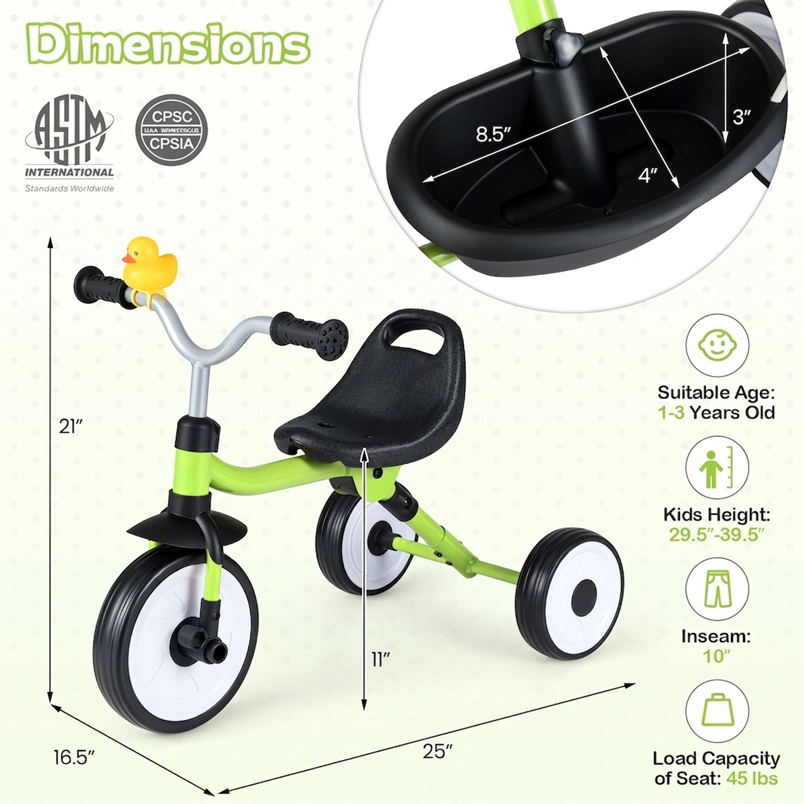 SUGIFT Folding Toddler Tricycle with 3-Position Seat Storage Basket and Lighted Wheels 45-lb Capacity Ages 1-3 Green