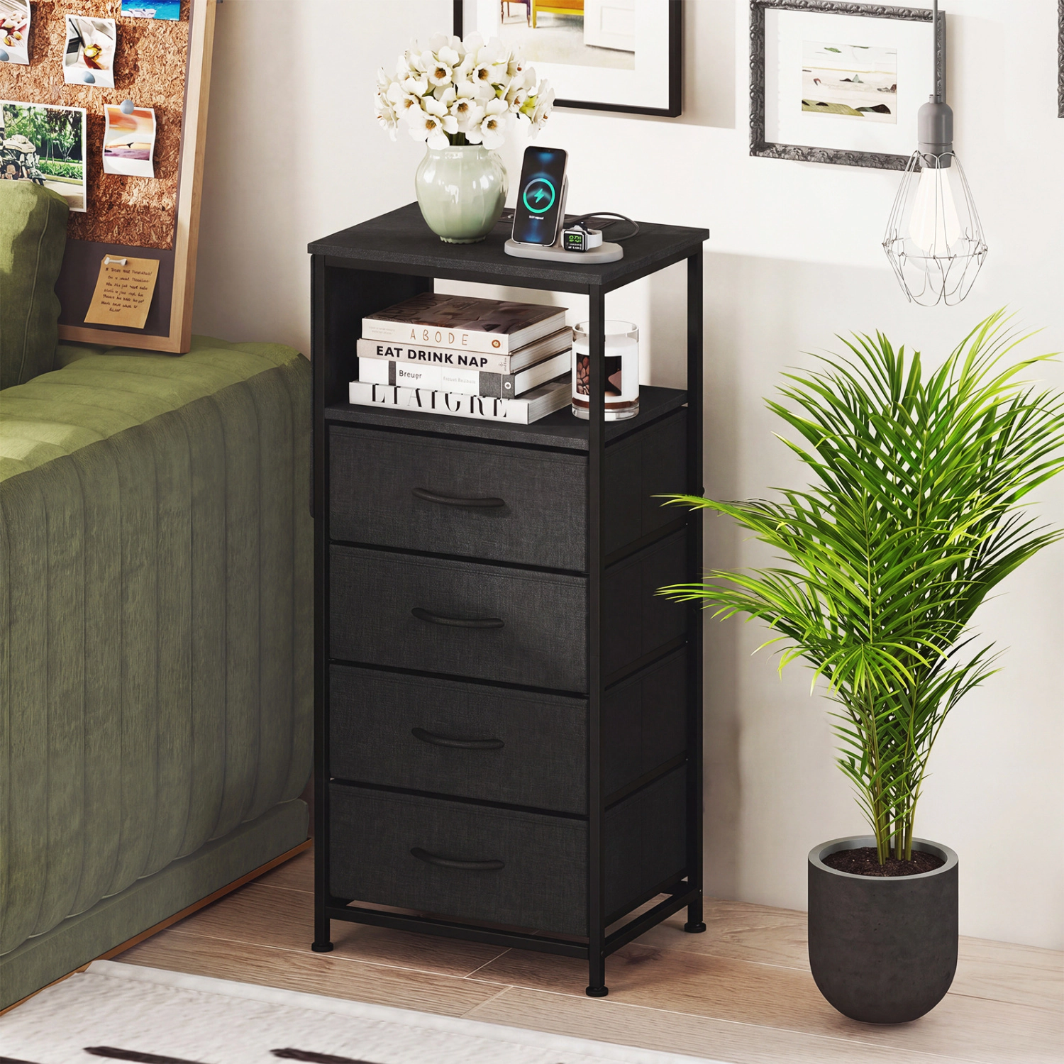 Hivvago Nightstand with Integrated Charging Station 34" Modern Bedside Table