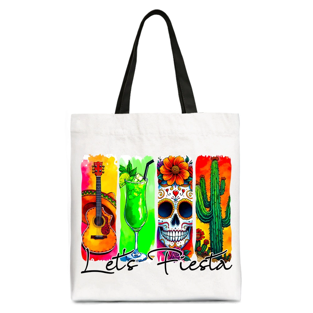 OrnamentallyYou Unisex Cinco De Mayo "Let's Fiesta" Guitar Margarita Skull Cactus Tote Bag