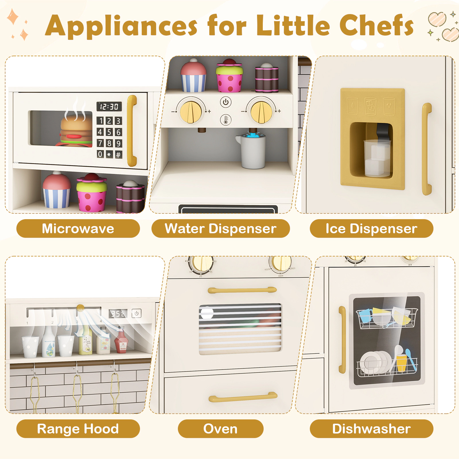 SUGIFT Pretend Toy Kitchen Set with Stoves and Water Dispenser MDF Play Kitchen 34-in Wide Ages 3+ 1-Pc Set Beige