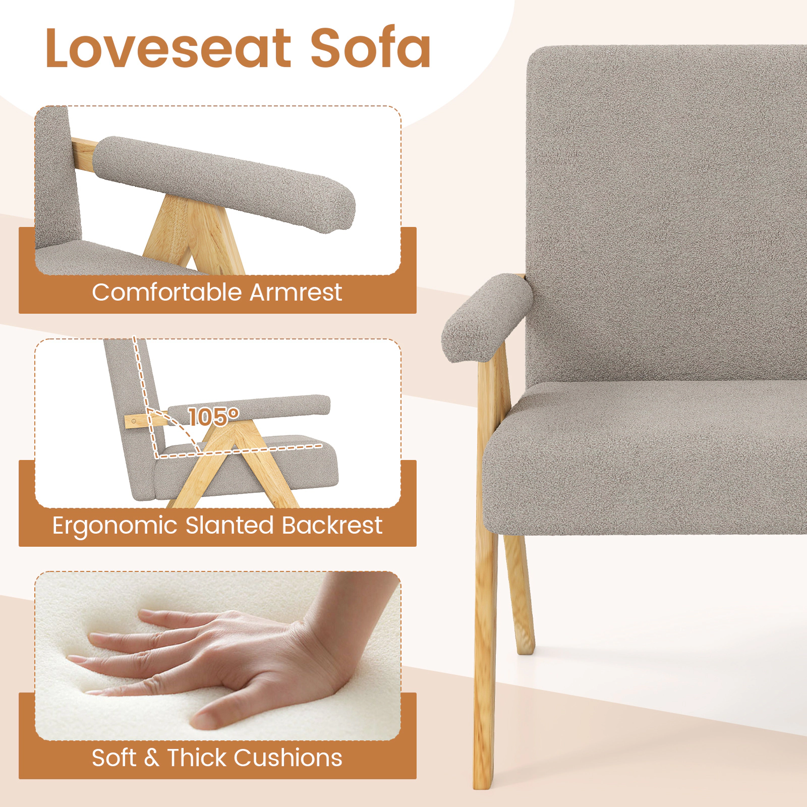 SUGIFT Loveseat Sofa Gray Sherpa Upholstered with Armrests and Wooden Legs