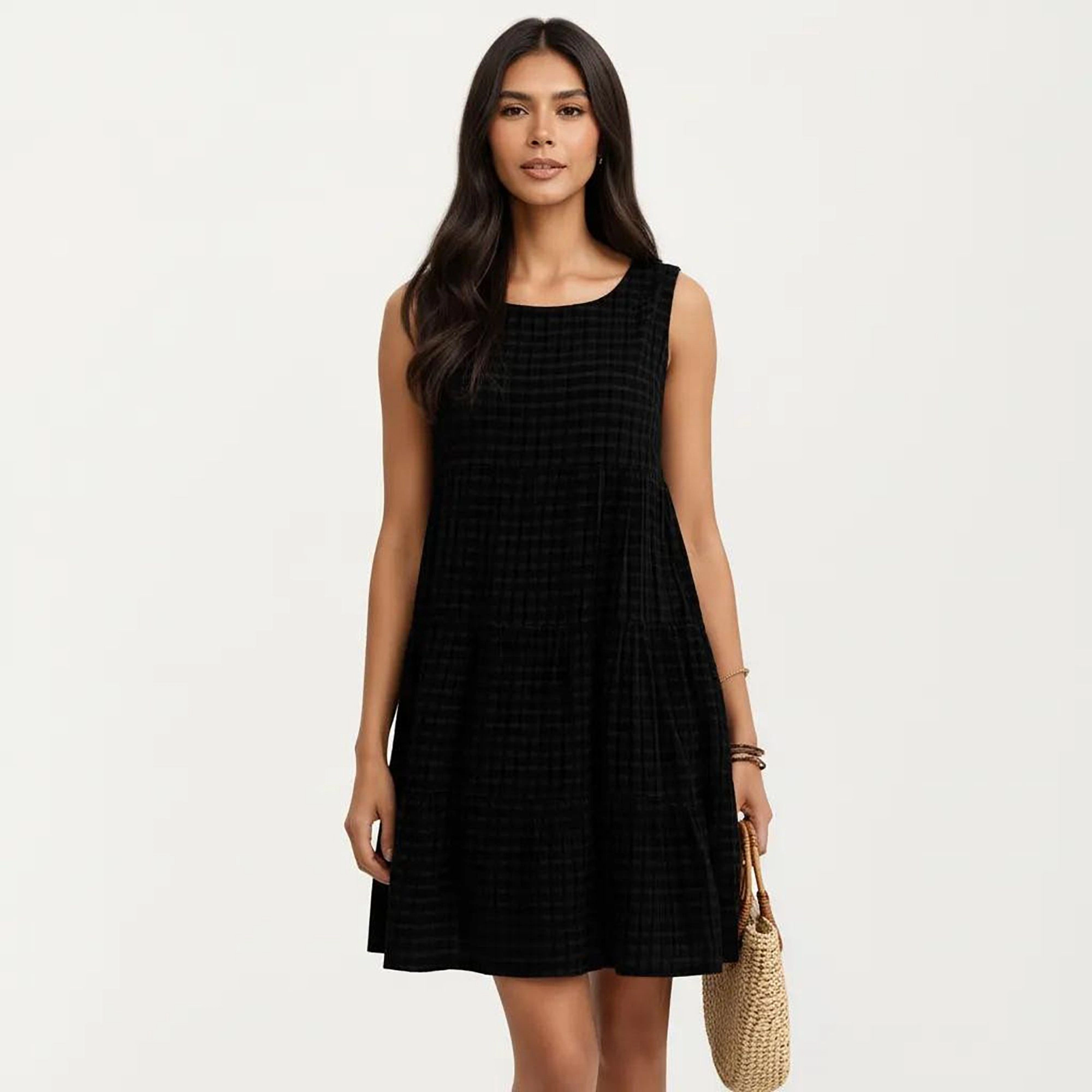 Anna-Kaci Women's Sleeveless Tiered Textured Check Pattern Round Neck A-Line Mini Dress