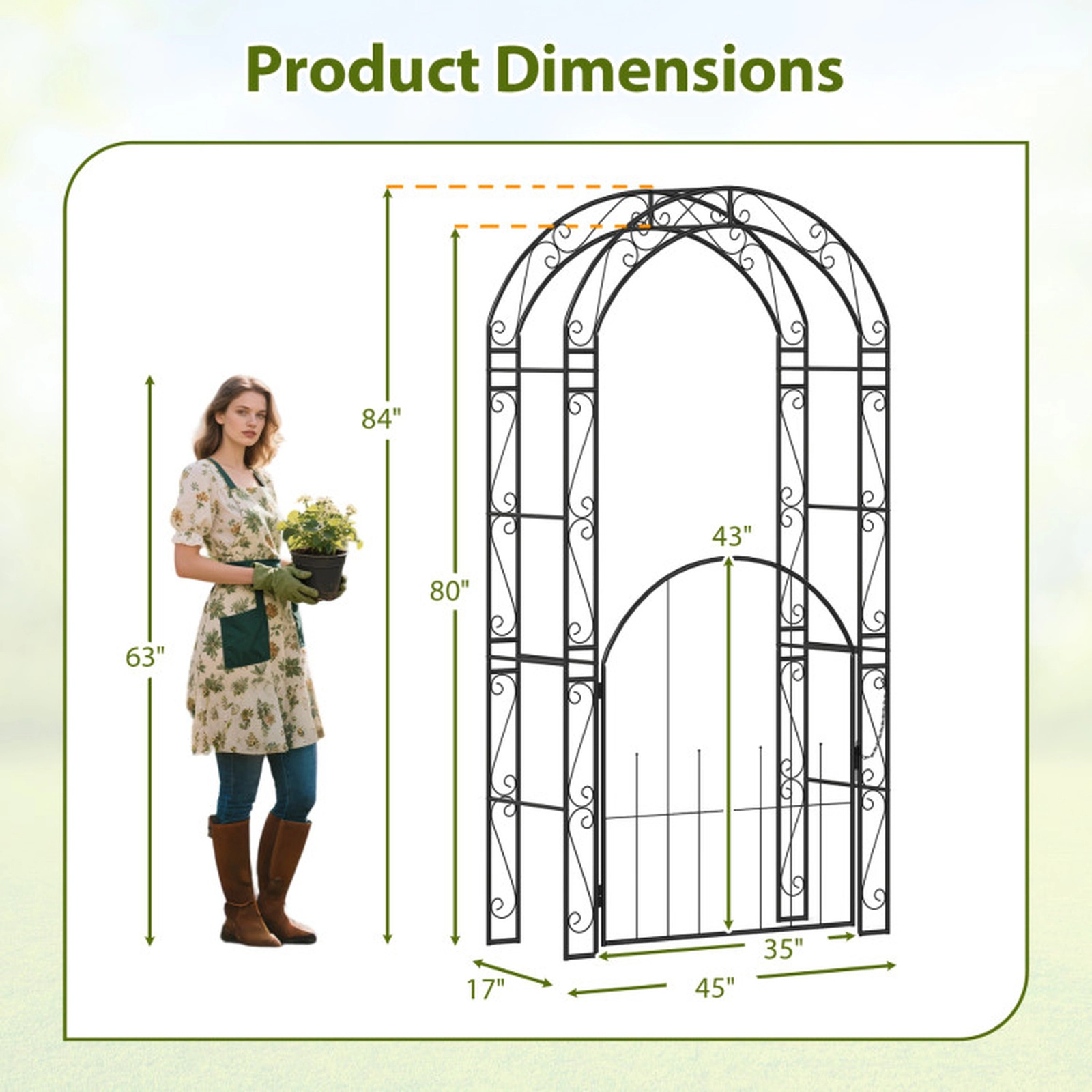 SUGIFT Black Metal Garden Arch Arbor with Lockable Gate and Scroll Patterns 45-in W 17-in D 84-in H 35-in Door W