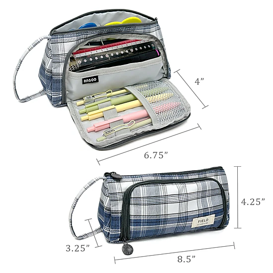 Wrapables Large Capacity Portable Pencil Pouch for Office Supplies, Plaid Blue