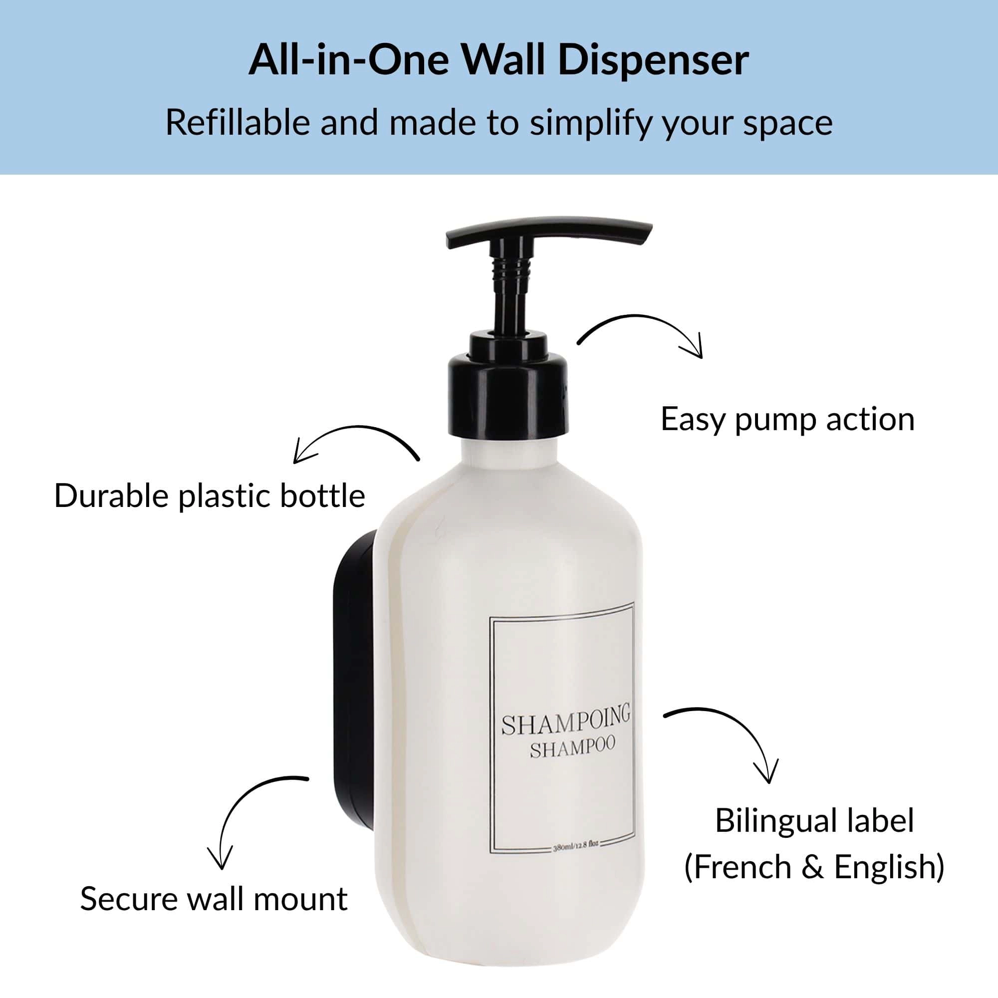 Evideco French Home Goods 13 oz Matte White Refillable Wall-Mounted Shampoo Dispenser