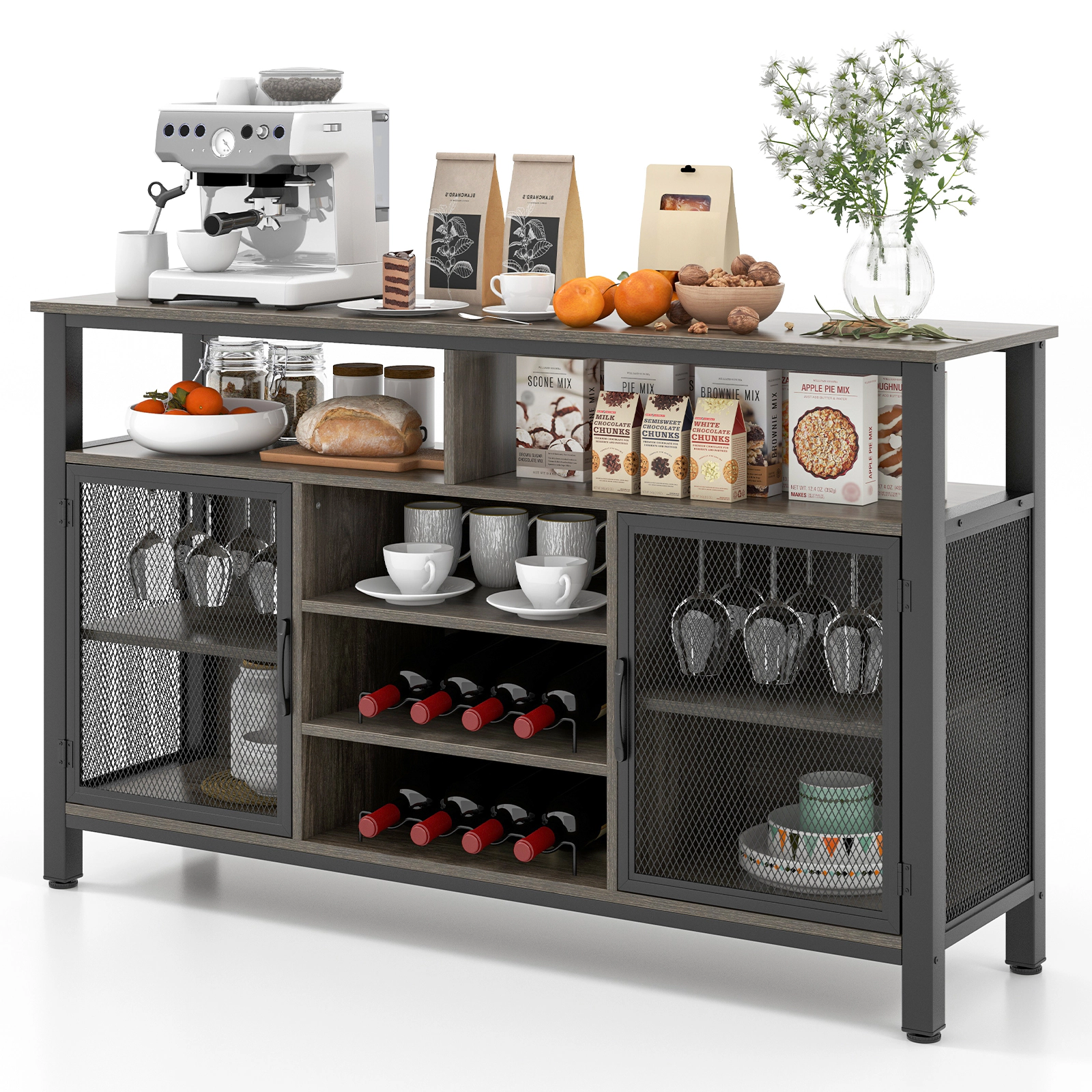 Glintex 55-Inch Buffet Sideboard with 8-Bottle Wine Rack and Mesh Doors