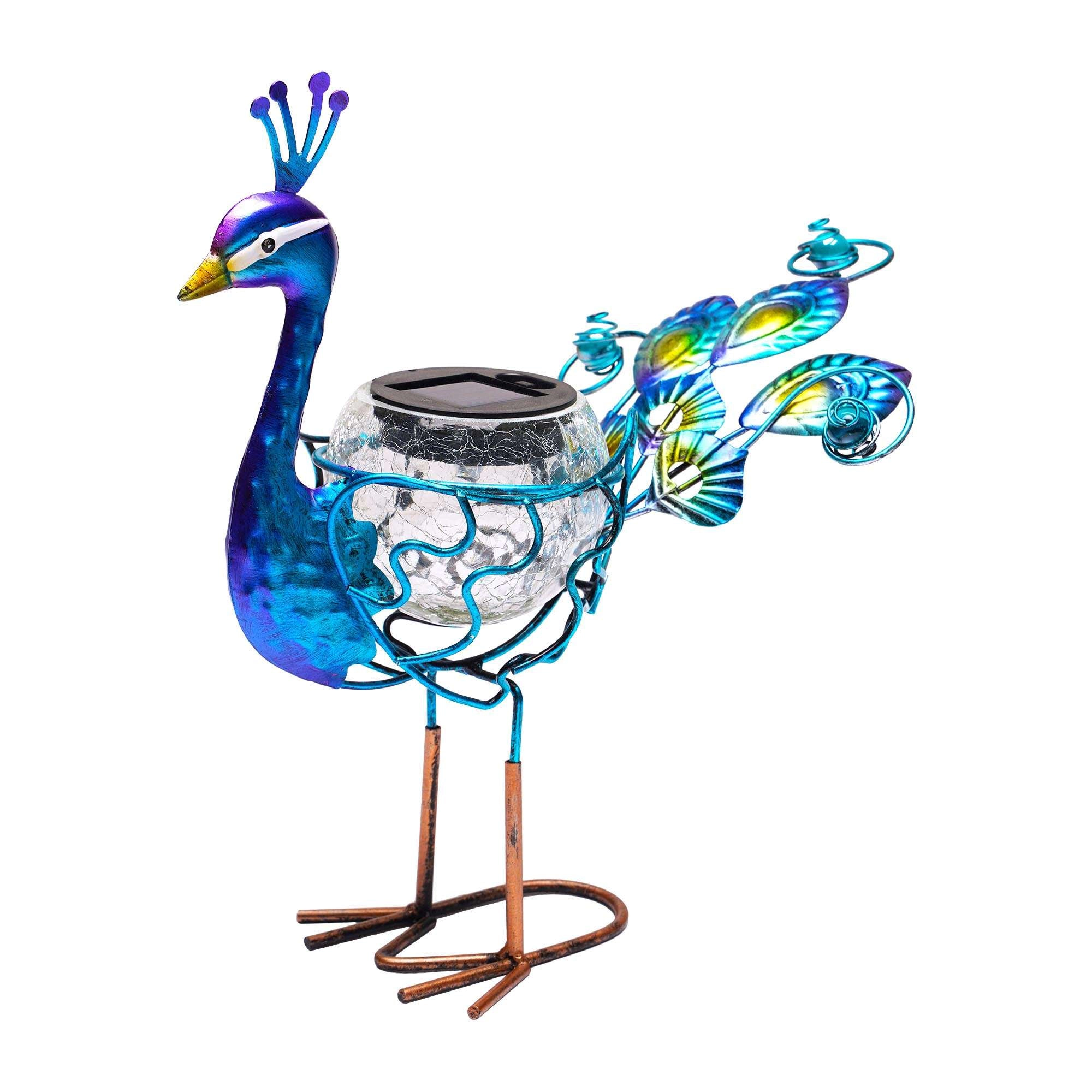 G128 Solar Metal Peacock Garden Statue 12 Inch - Waterproof Hand-Painted Peacock Yard Art with Crackle Glass Solar Light