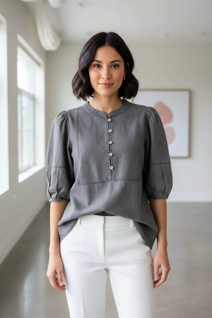 DressAtR Women's Gray Denim Puff Sleeve Pleated Yoke Front Button Blouse