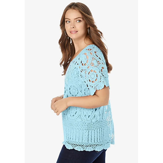Roaman's Women's Plus Size Medallion Pattern French Crochet Sweater Top