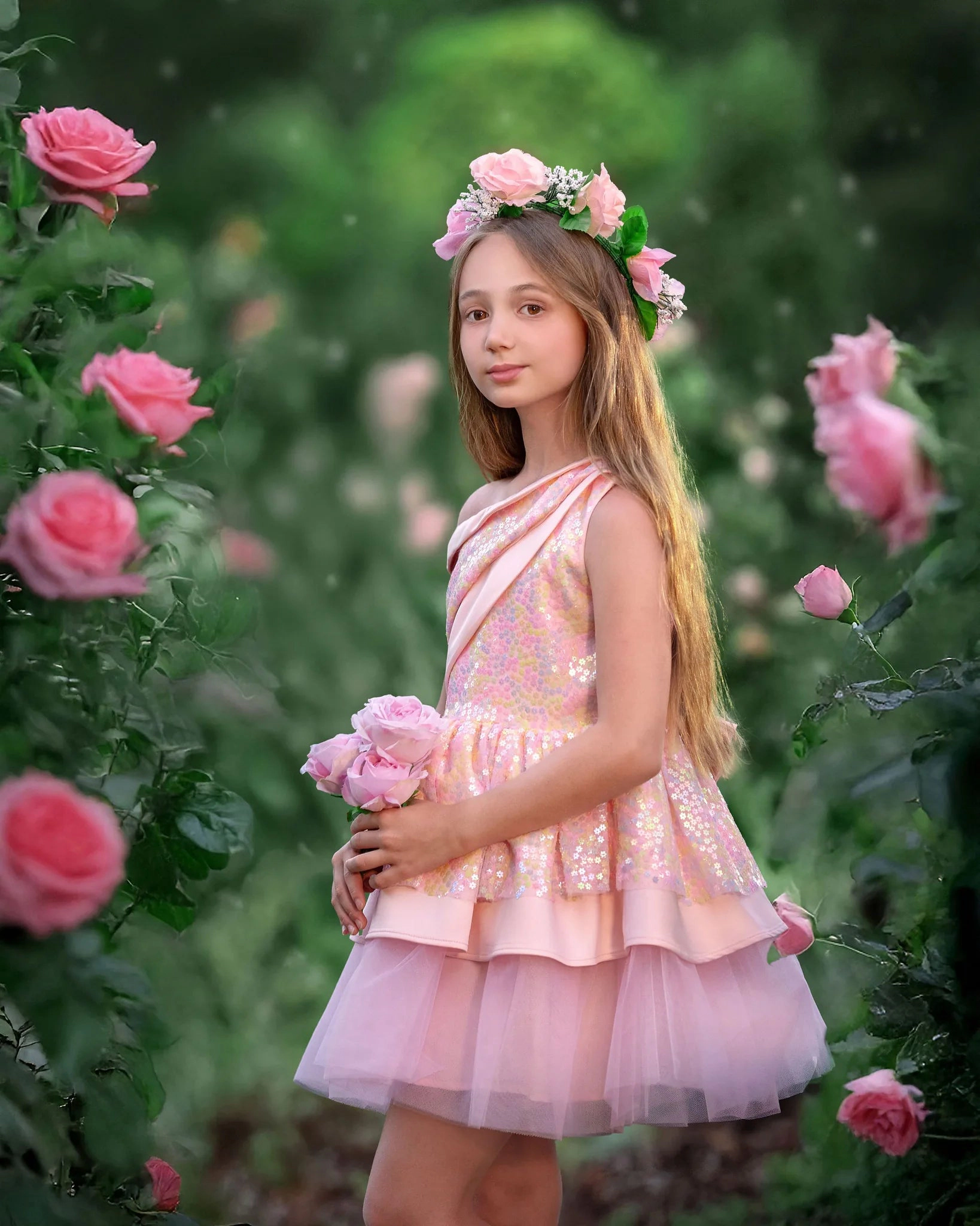 Faeella Girls Rosy Bloom Off-Shoulder Sequin Birthday Dress