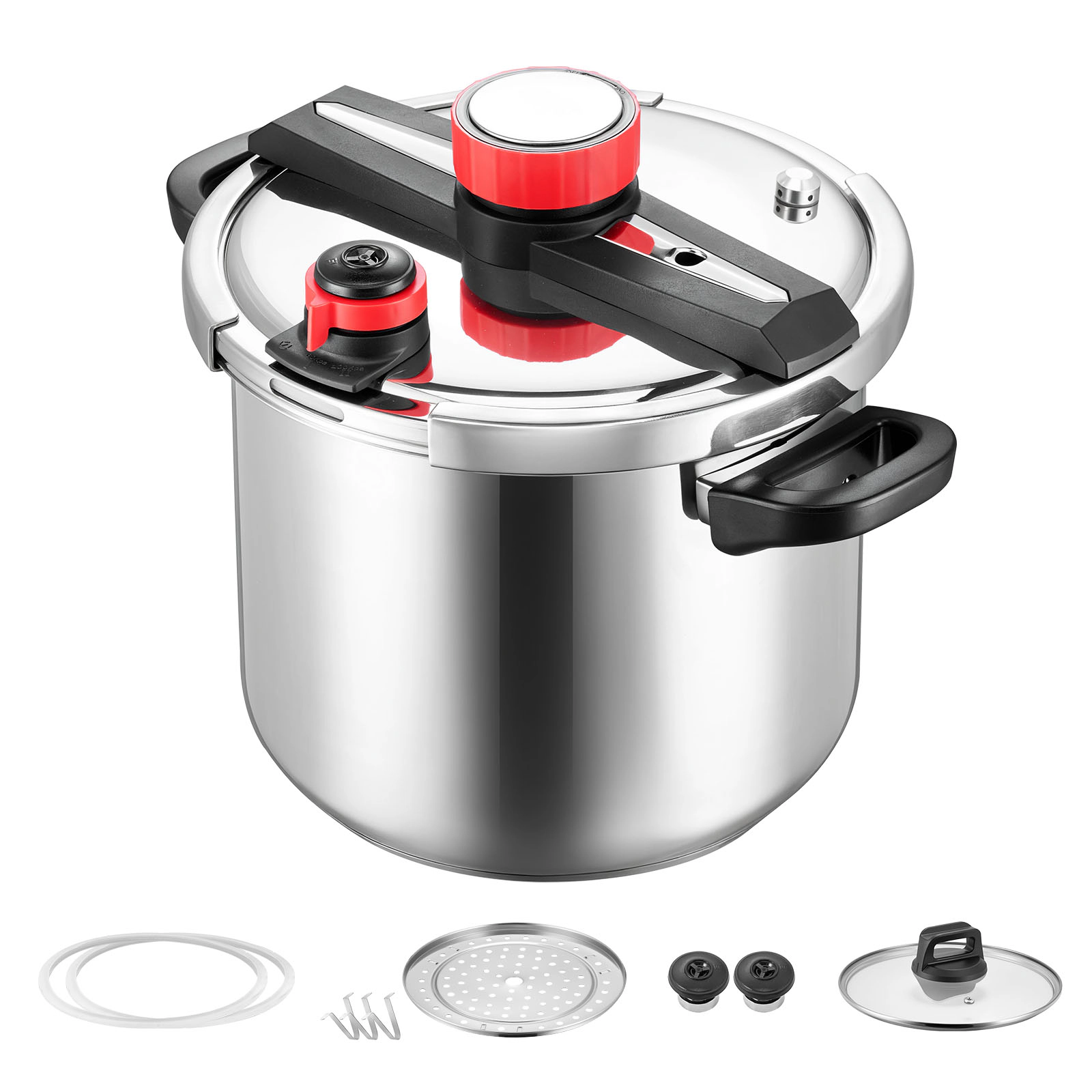 HONGGE 12Qt Stainless Steel Stovetop Pressure Cooker & Canner with Steaming Rack, Tempered Glass Lid, 3 Settings