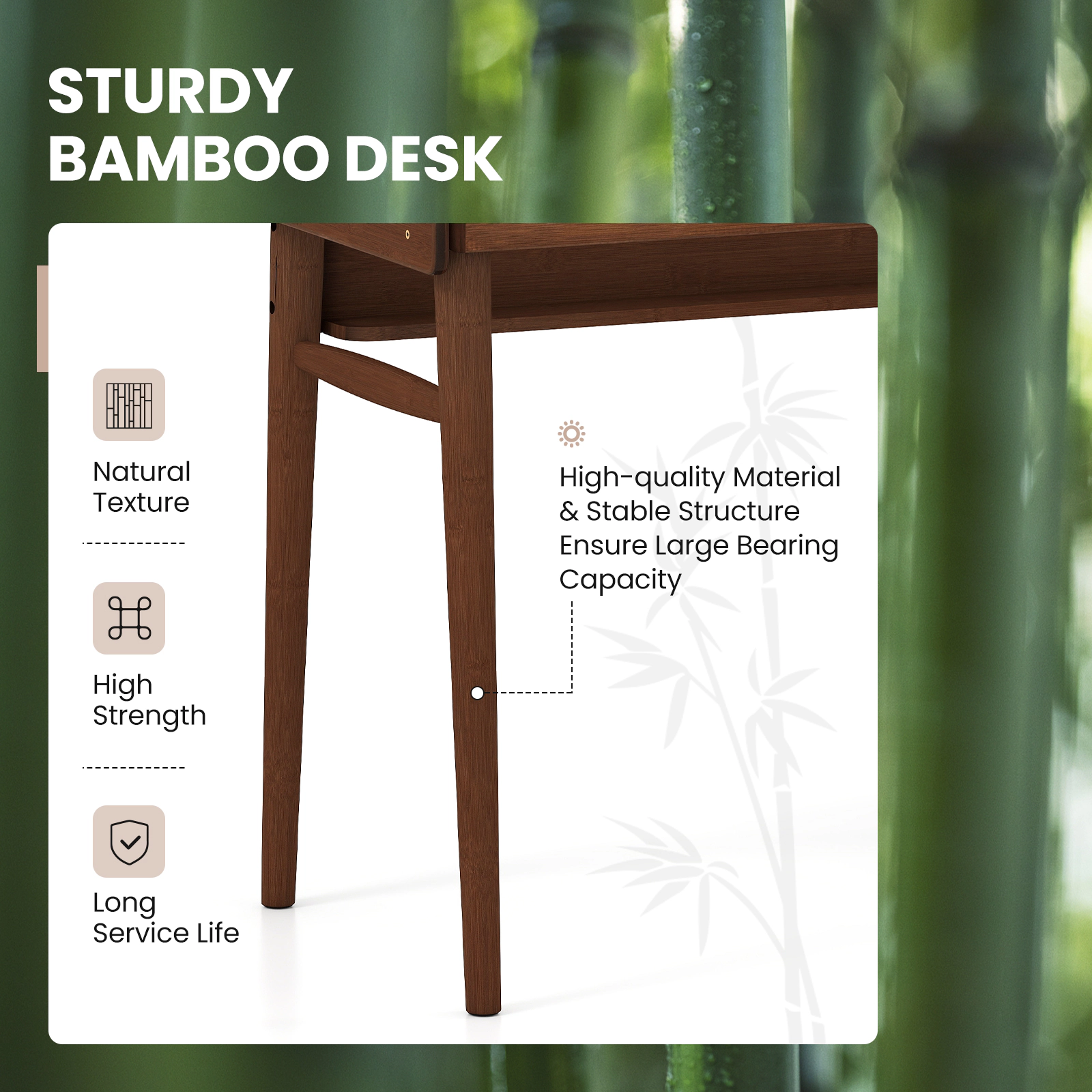 SUGIFT 39.5 in Bamboo Writing Desk Walnut with 2 Storage Drawers and Open Shelf
