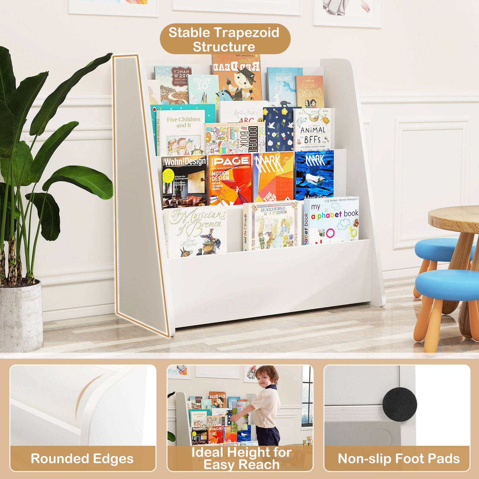 SUGIFT Kids 4-Tier Front Facing Deep Compartments Engineered Wood Bedroom Bookshelf 22.5-in x 10.5-in x 23-in White
