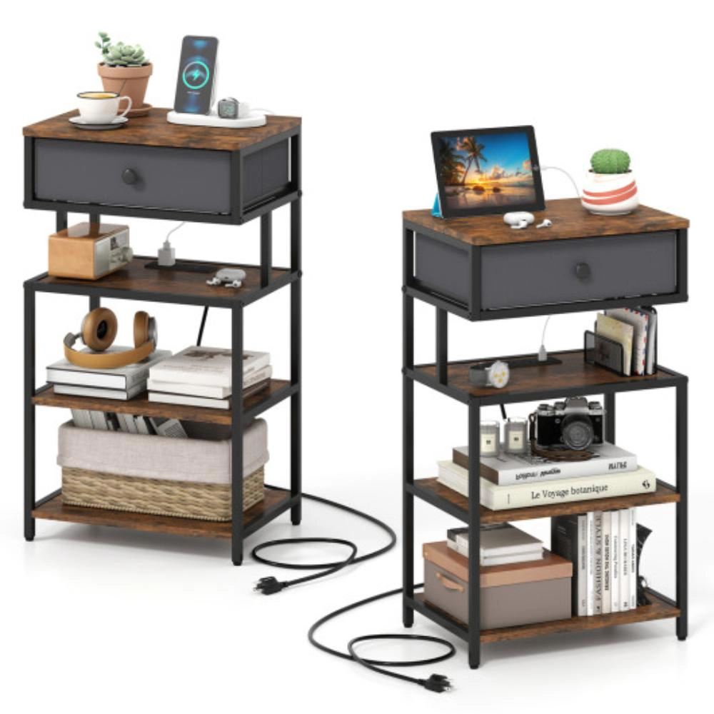 Hivvago Set of 2 Nightstand with Charging Station 28 Inch Tall Bedside Table with Fabric Drawer