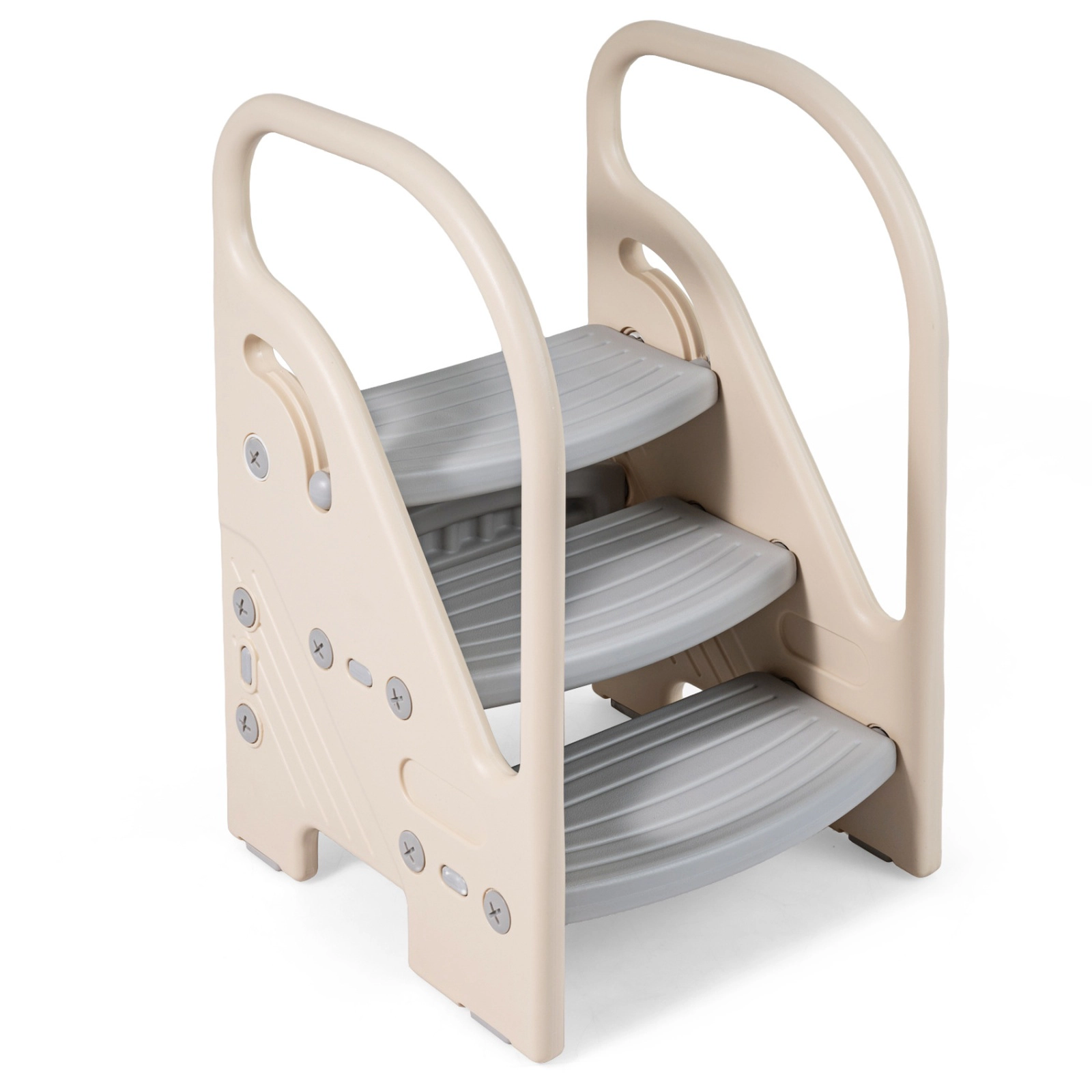 SUGIFT Adjustable 3-Step Helper Stool with Safety Handles for Kids 66-lb Capacity Ages 3+ Beige and Gray