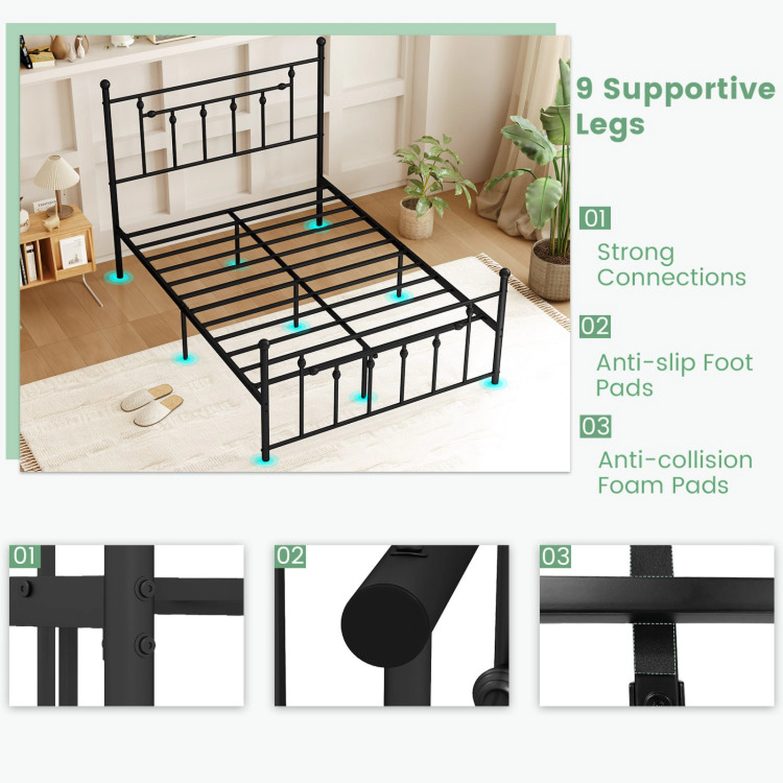 SUGIFT Twin Size 660-lb Bed Capacity Heavy Duty Metal Bed Frame with Headboard and Slat Support 50-in H Black