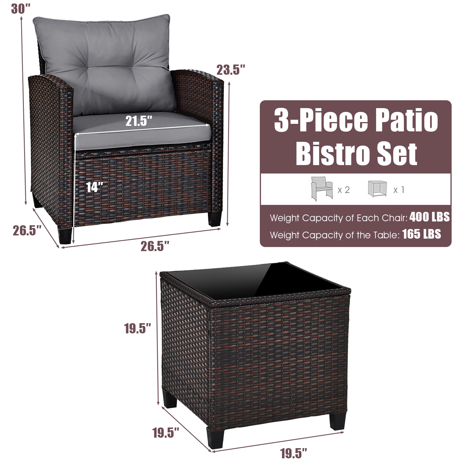 SUGIFT 3-Piece Gray Rattan Patio Conversation Set with 2 Cushioned Chairs and Glass-Top Cube Table
