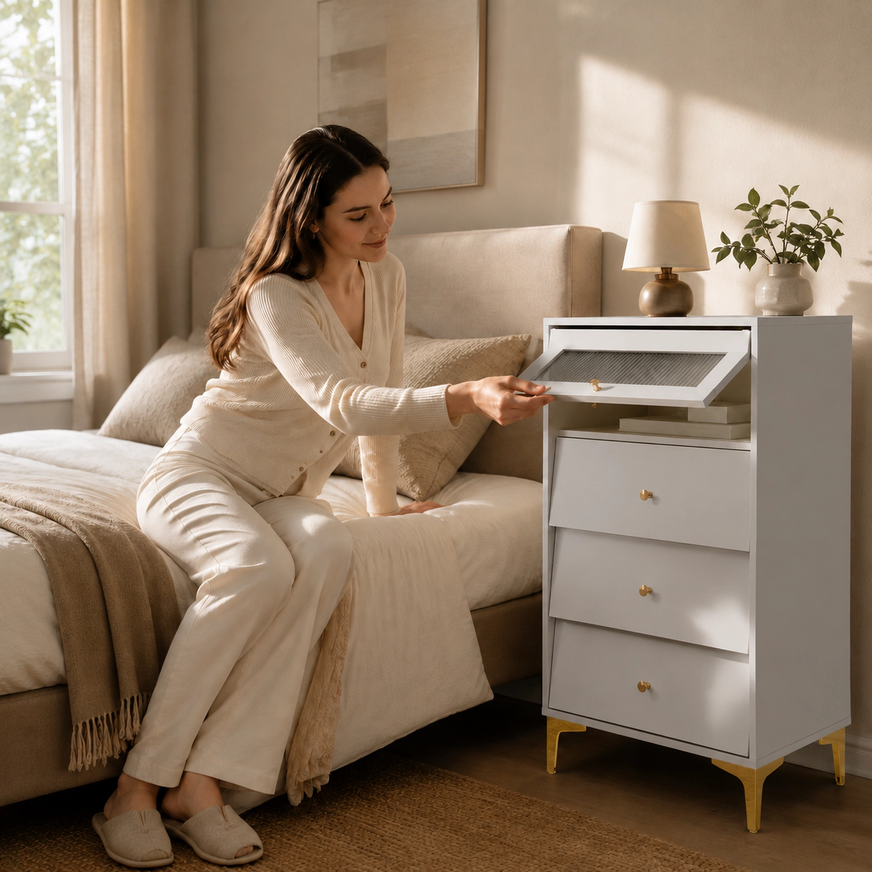SUGIFT Gray Flip-Up Fluted Glass Door and 3 Pull-Out Drawers Modern Storage Cabinet
