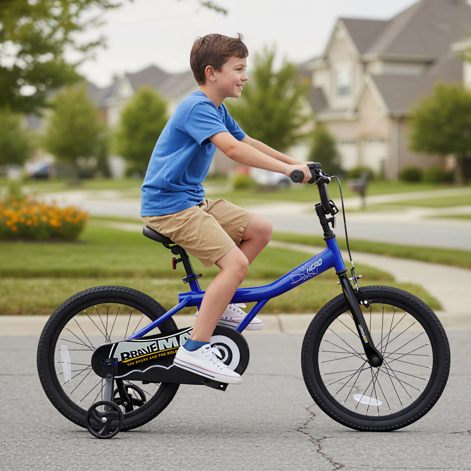 18-in Kids Bike Boys Short-Reach Handbrake Coaster Brake Removable Training Wheels Soft Padded Saddle Ages 4-8 Navy