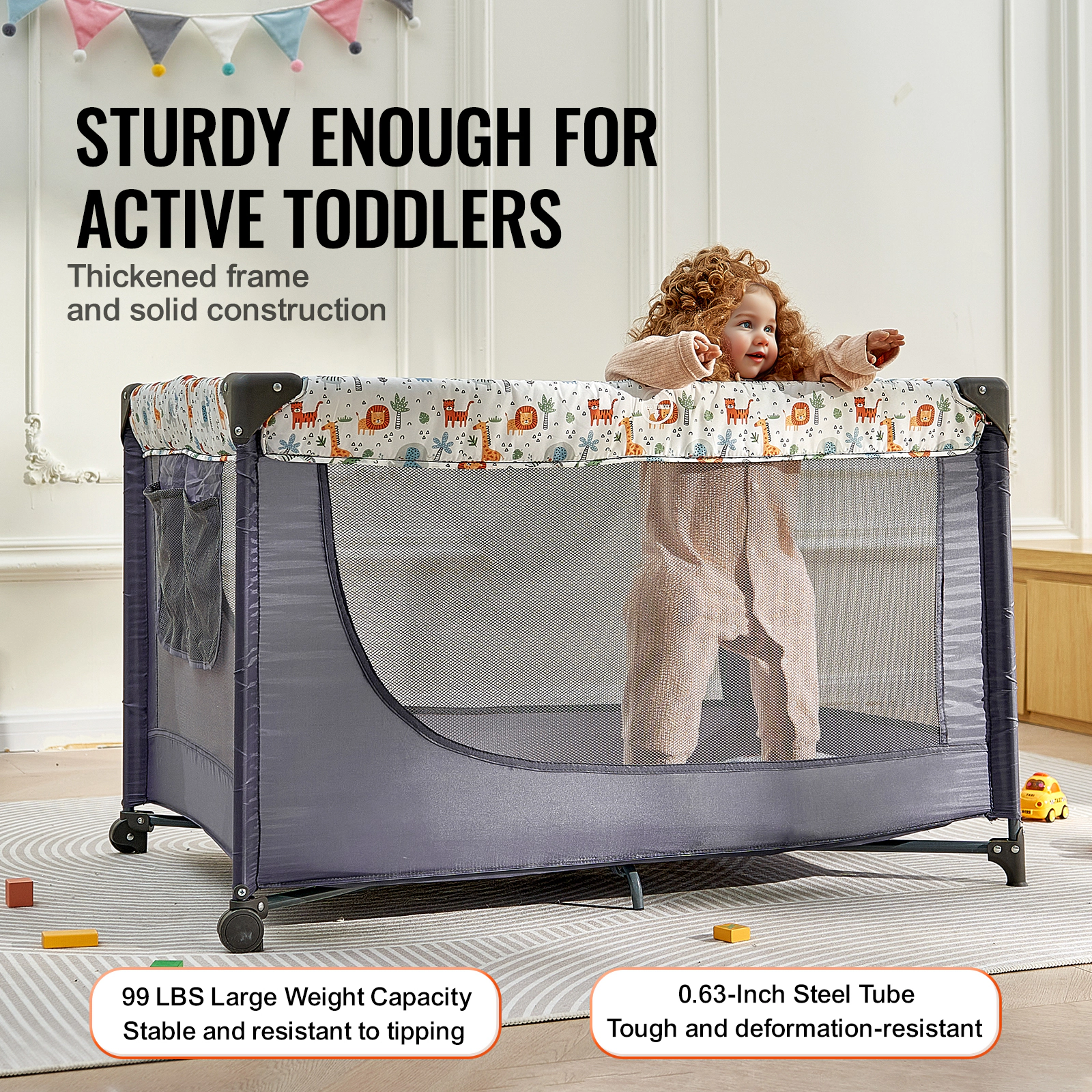 HONGGE Portable Baby Playpen Travel Crib with Wheels, Foldable Play Yard Holds 99 lbs for 0-36 Month Toddlers
