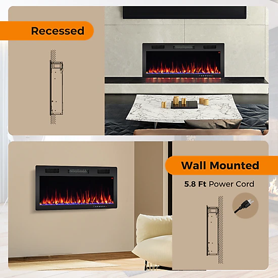 SUGIFT 40-Inch 5100 BTU Recessed or Wall-Mounted Electric Fireplace, 12 Flame and Ember Bed Colors