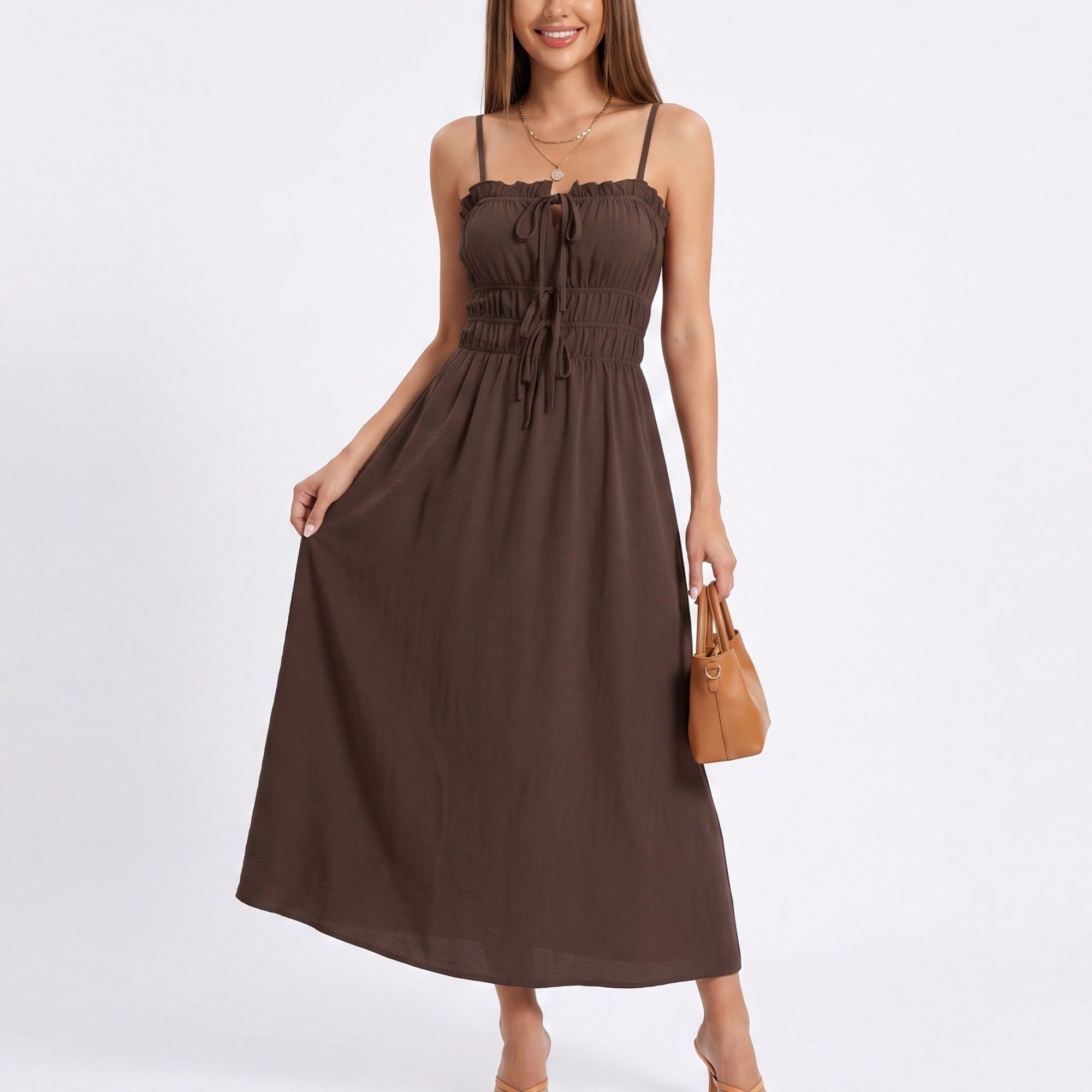 Anna-Kaci Women's Smocked Spaghetti Strap Tie Front A-Line Midi Dress