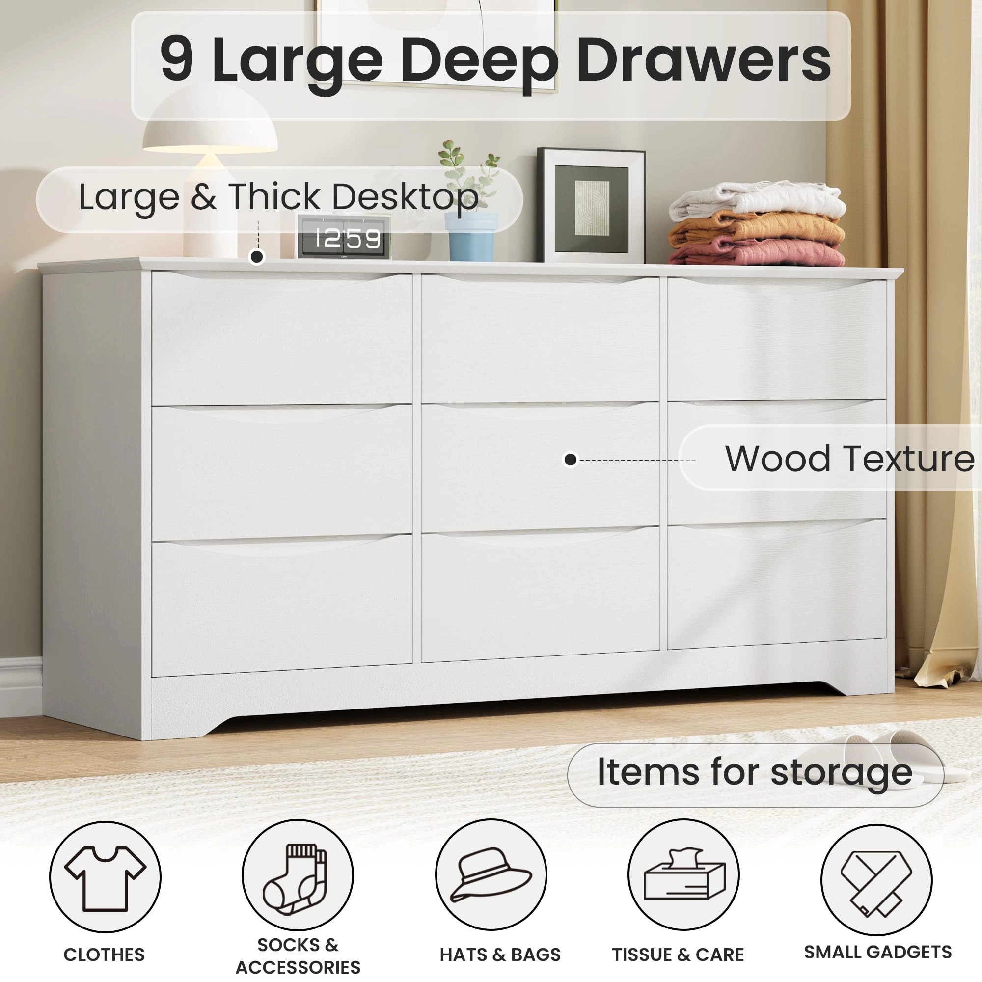 9 Drawer Modern Dresser with Hidden Handles, 59" Wide Large Double Storage Chest for Bedroom Living Room Hallway