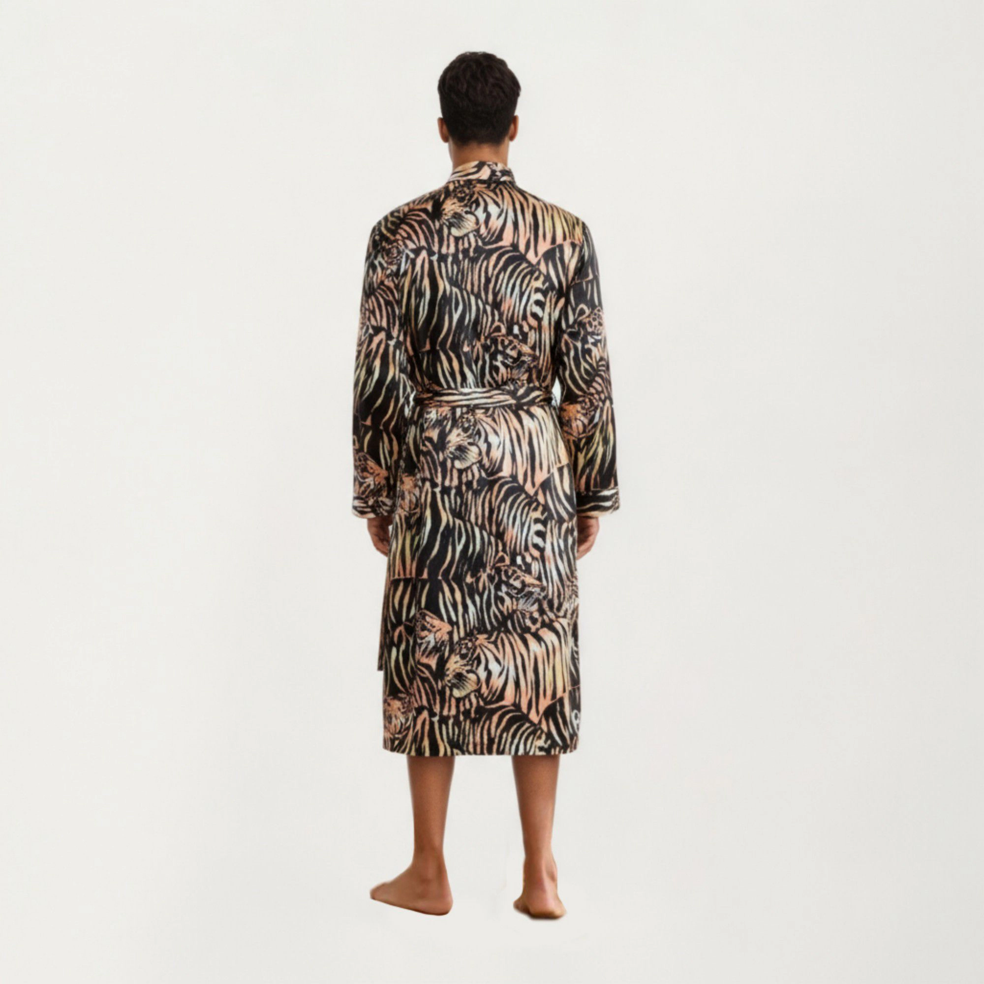 Anna-Kaci Men's Satin Robe with Tiger Print Design and Adjustable Waist Tie