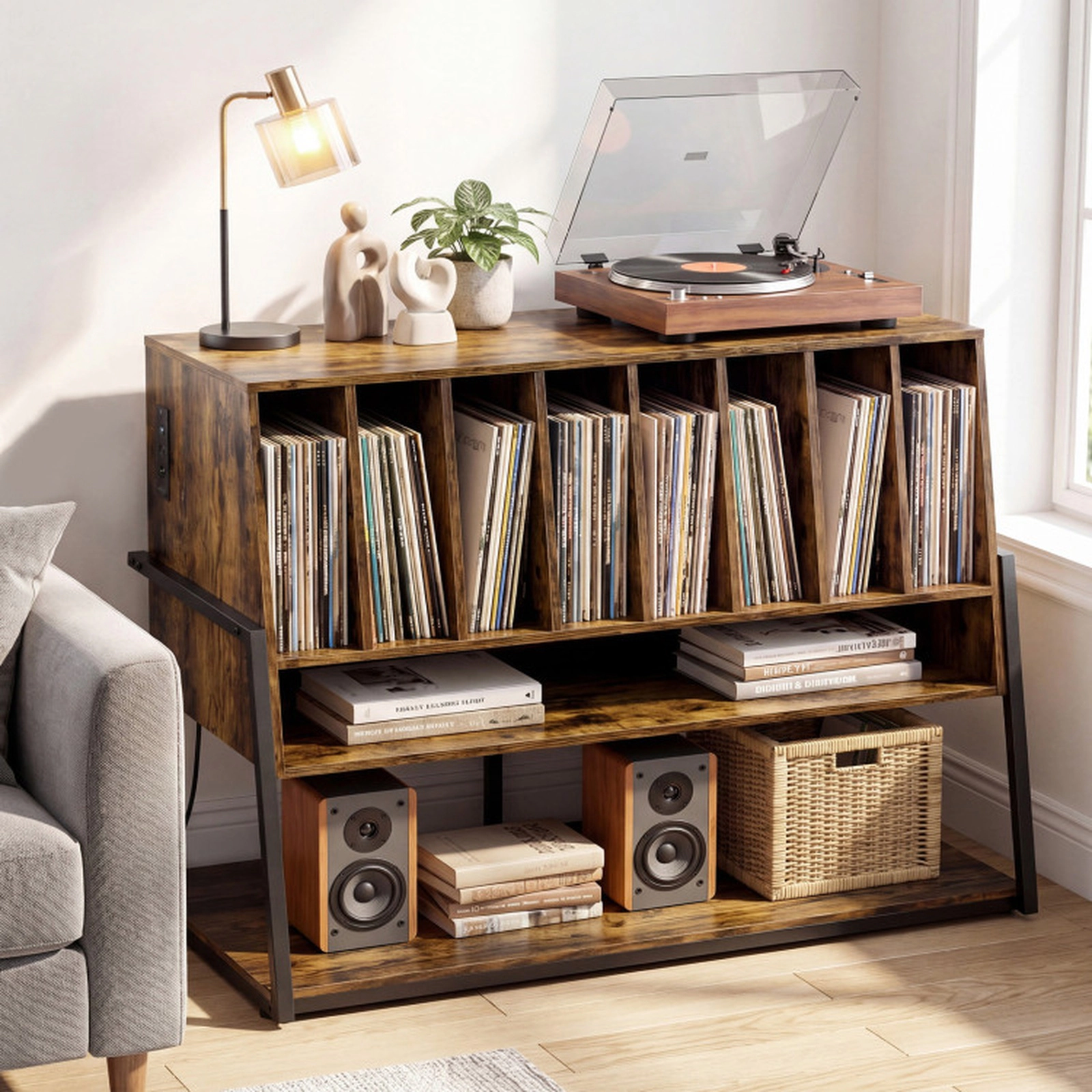 SUGIFT Turntable Stand with Charging Station and Vinyl Storage Shelves Accent Table 44-lb Top 88-lb Compartments Rustic