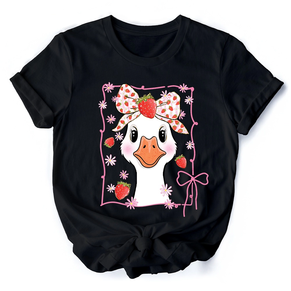OrnamentallyYou Womens Coquette Goose With Strawberry Bow T-Shirt