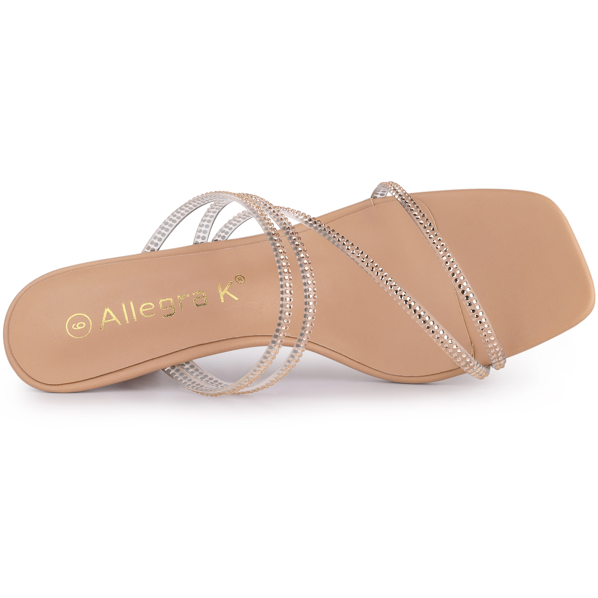 BLISSFUL STEP Women's Rhinestone Strappy Square Toe Kitten Heel Slide Sandals